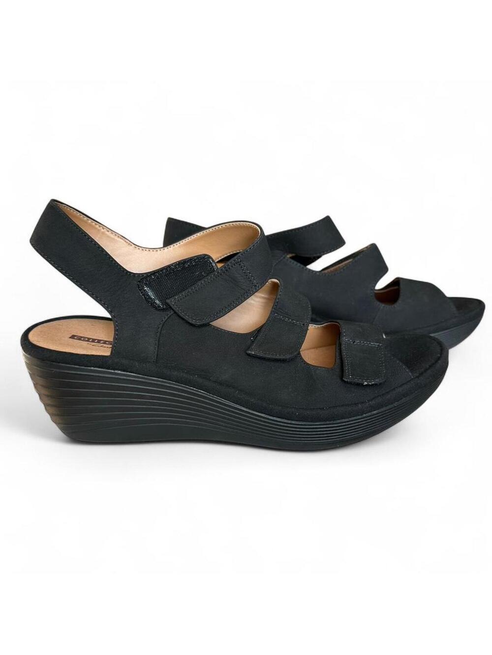 Clarks Reedly Juno Women’s 9.5 Black Wedge Sandals Peep Toe Comfort Strappy